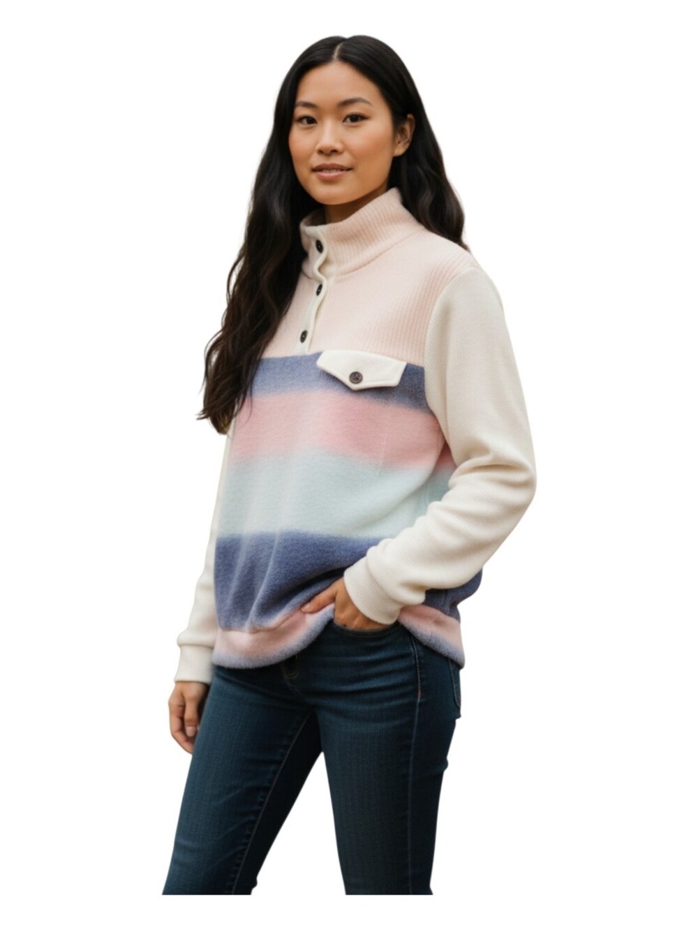 Ces Femme Womens Pastel Striped 1/4 Button Soft Pullover Sweater Large